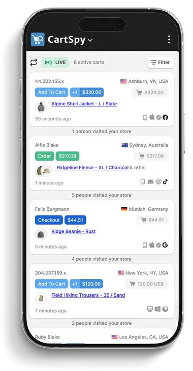 CartSpy Live View on a phone: add to carts, a checkout and a completed order arriving as they happen